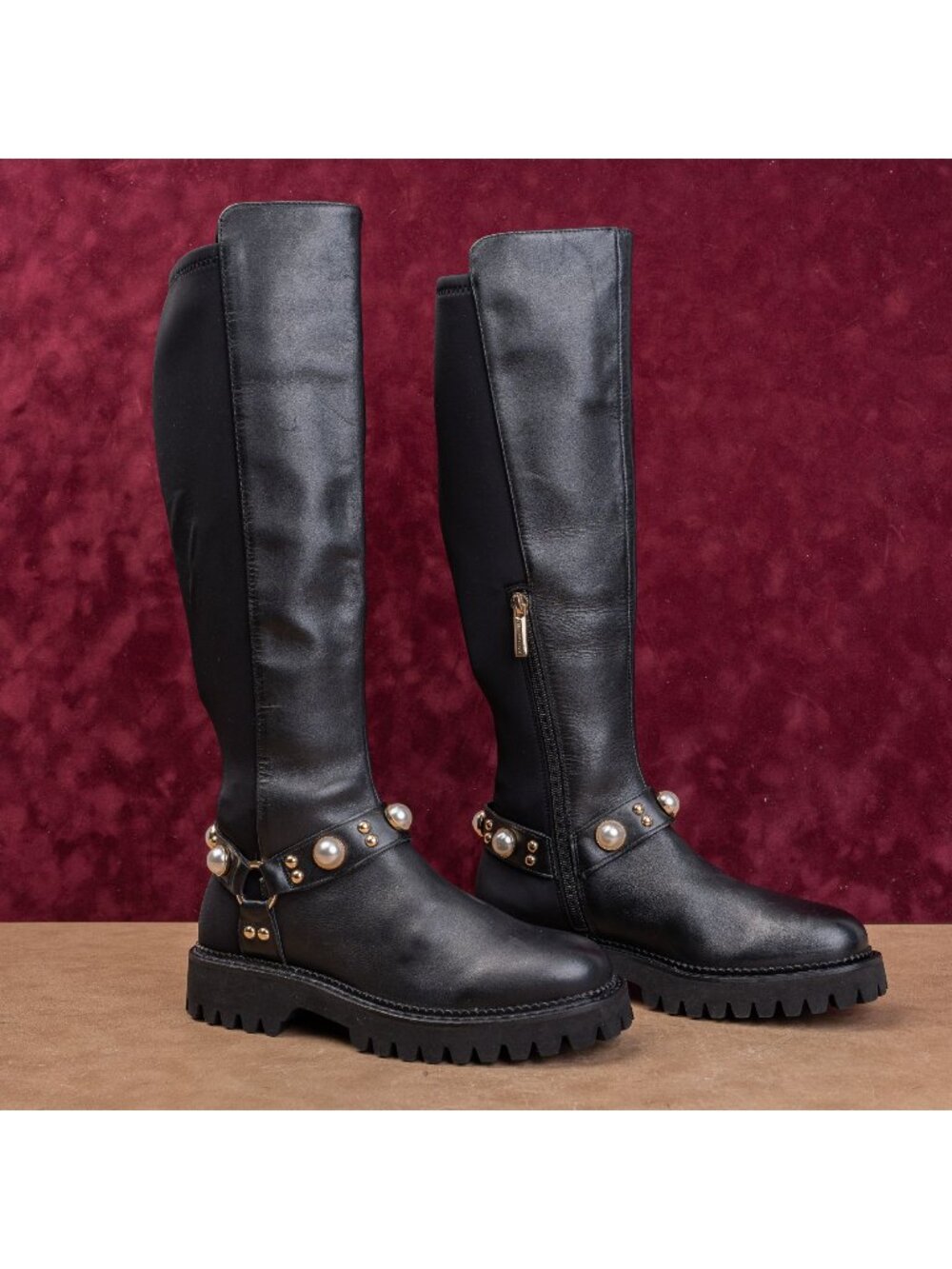 Karl Lagerfeld Women Black Leather Moto Festival Stretch Fashion Boots 6US EUR36
